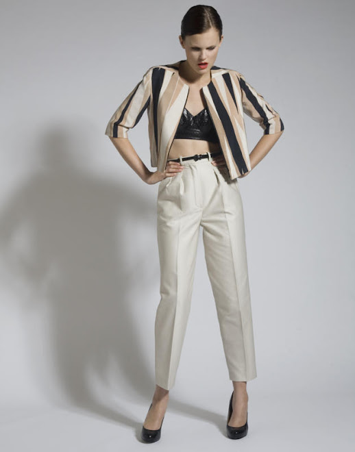 Silk Screen Crop Jacket, Leather Bra and Cotton Trousers