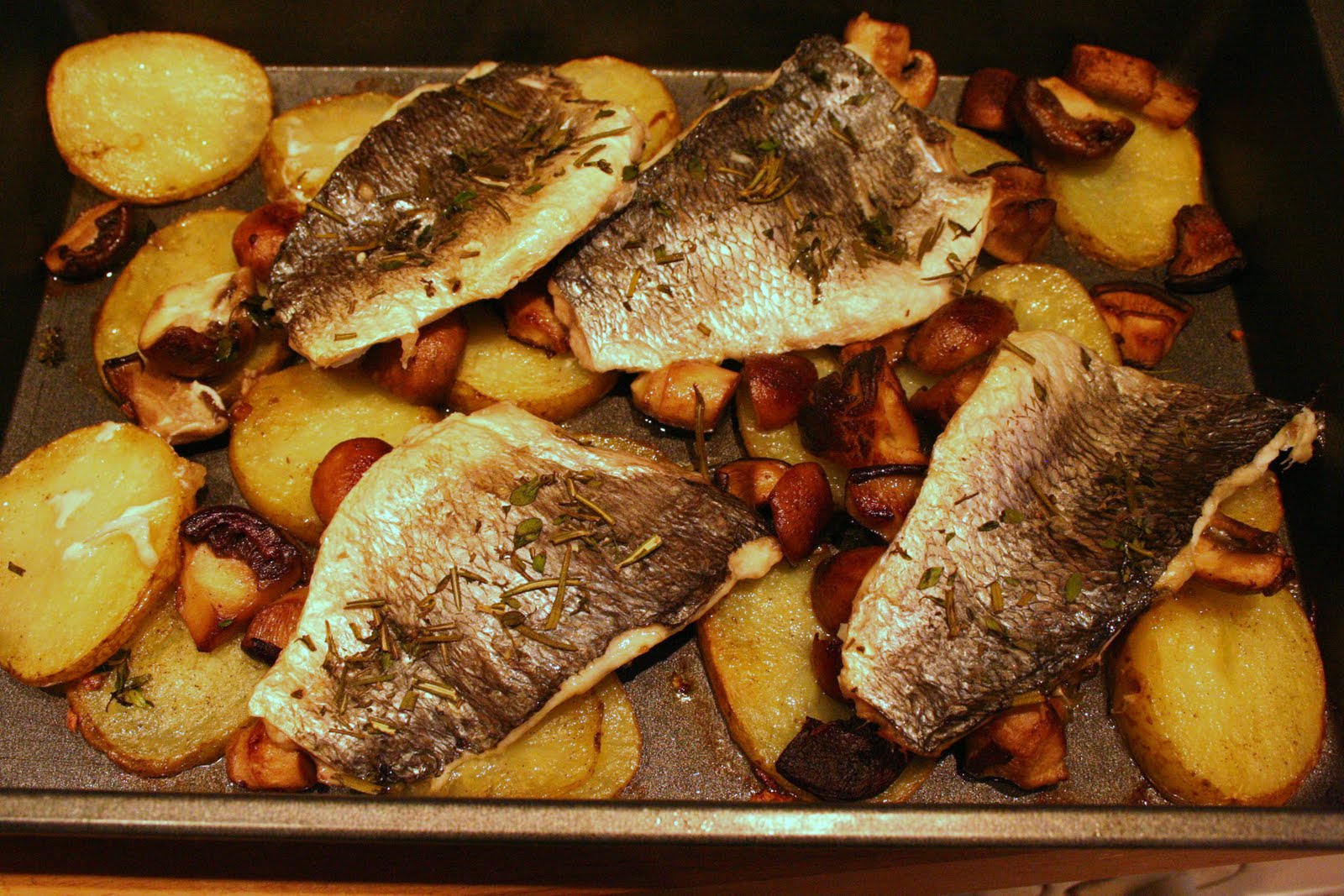 Miss P's Kitchen. Roast Sea Bream with Potatoes and Mixed Mushrooms