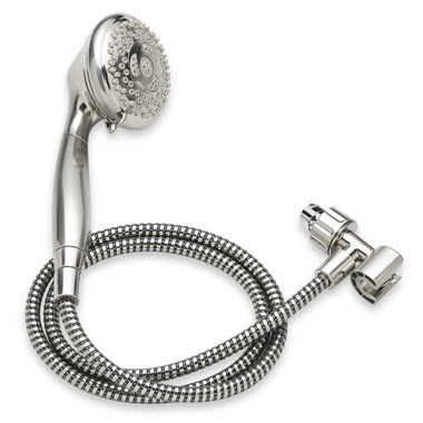 a stock photo of a silver handheld waterpik showerhead with 5 foot hose