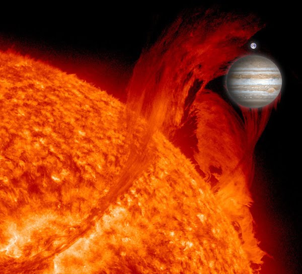 Tierra y Júpiter a escala junto a la del Sol. COSAS ÚNICAS