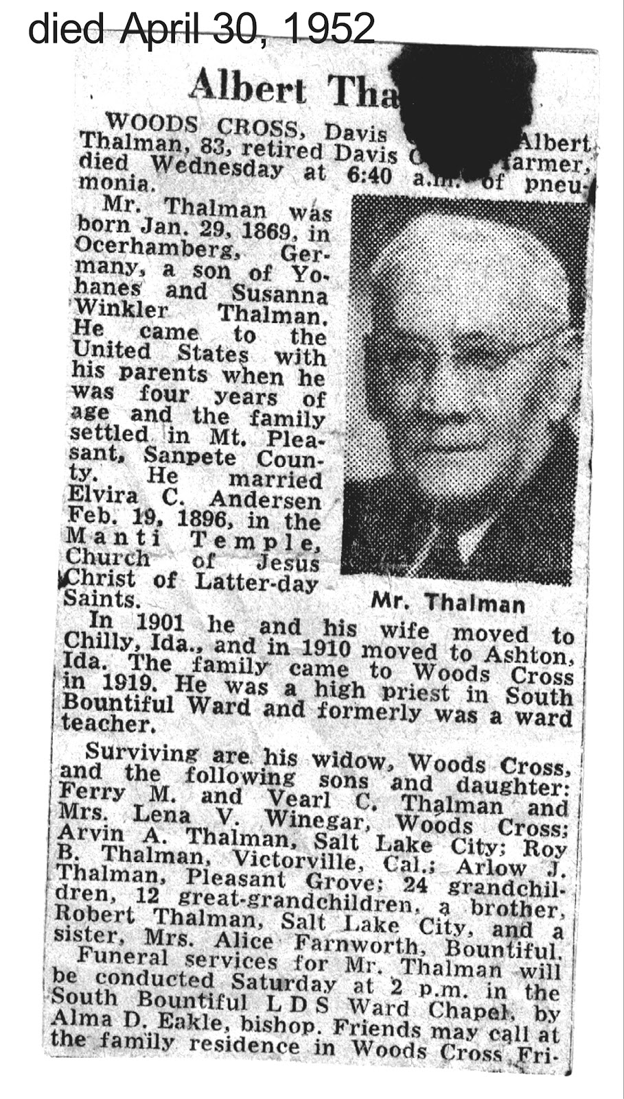 Mt. Pleasant Obituary Page Thalman Obituaries shared by Deena Sutton