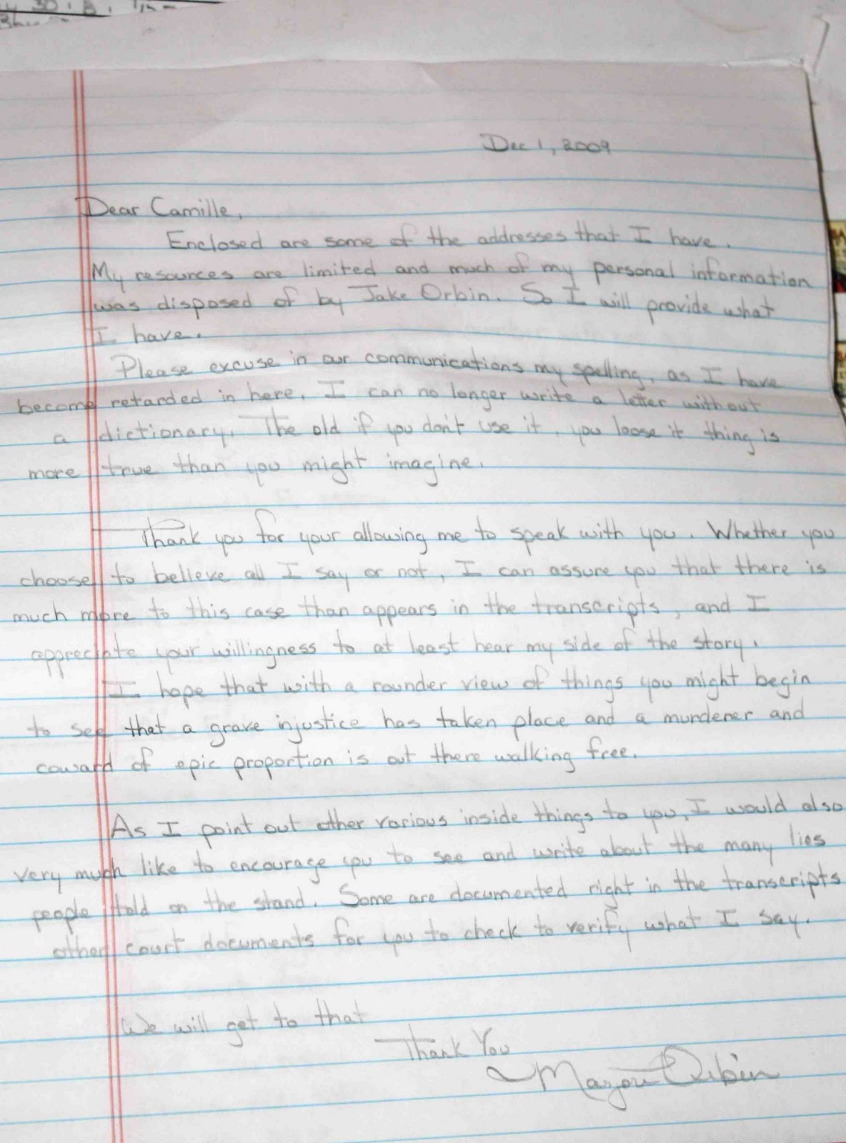 Sample Handwritten Letter