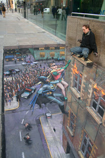 Desenho Batman e Robin - Desenhos tridimensionais na calçada - Giz - Julian Beever