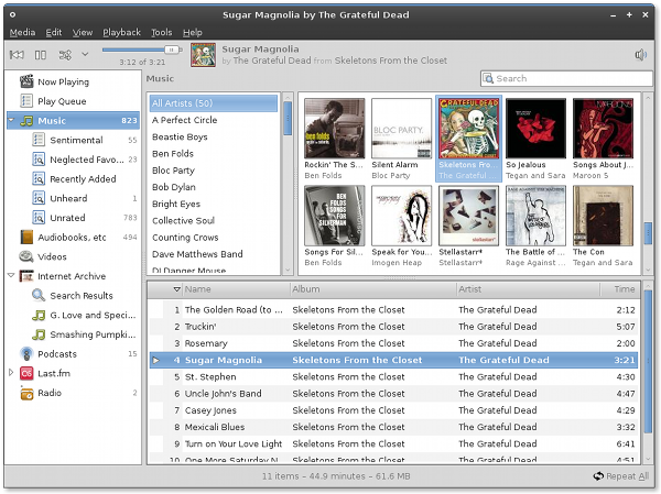 Screenshot of Banshee 1.6 showing grid album browser