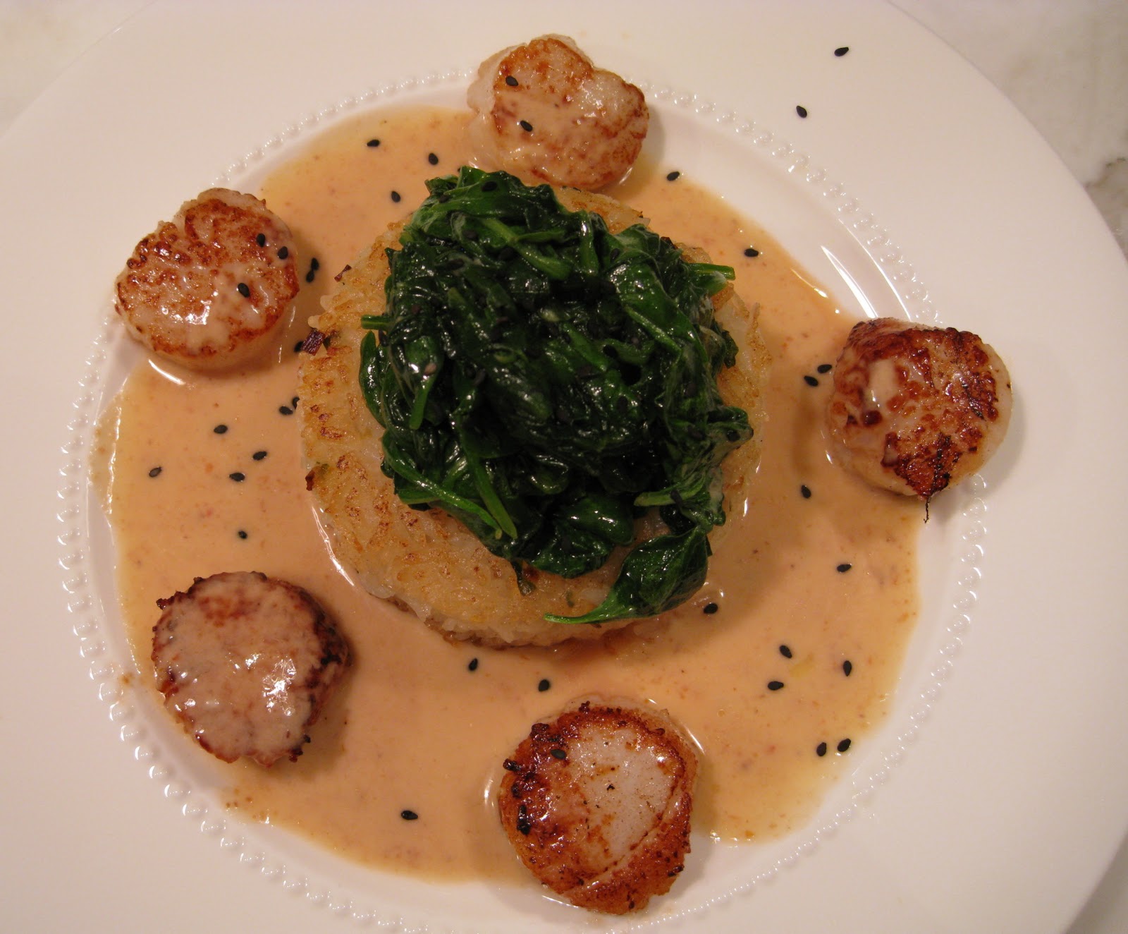 Seared Sea Scallops with Red Thai Curry and Crispy Rice Cake