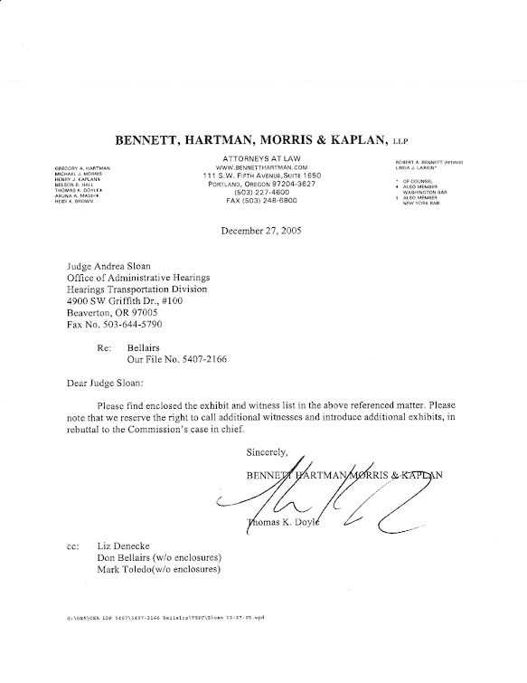 December 2005 letter from Tom Doyle to ALJ Sloan