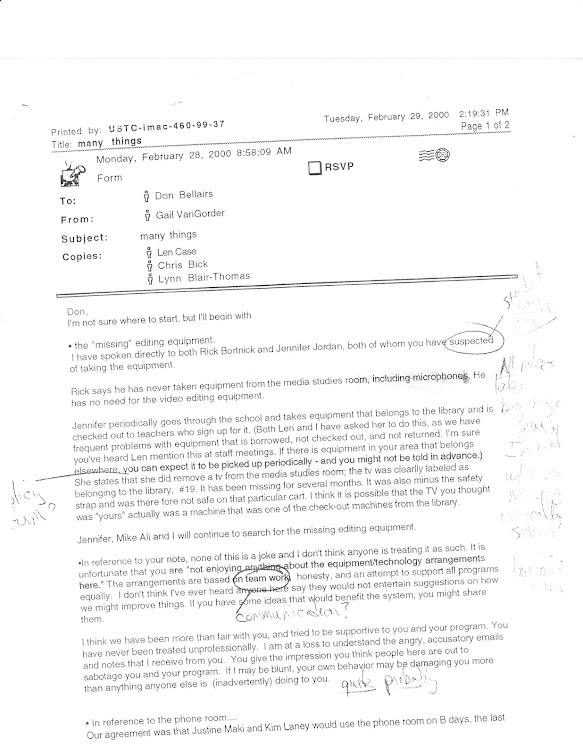 Vangorder's 2000 email to OEA member/new teacher at Westview...