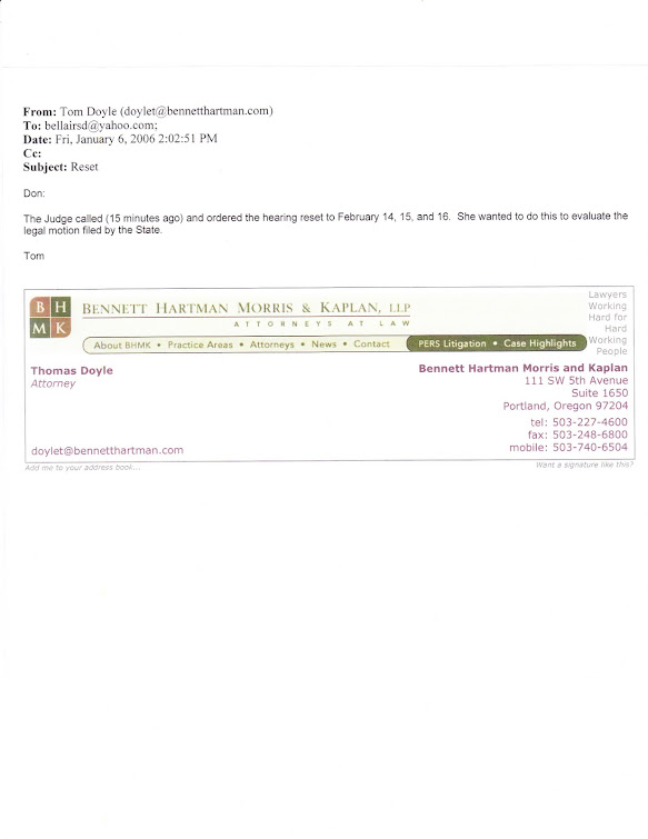 January 2006 email from Doyle informing teacher that ALJ Sloan has cancelled January hearing