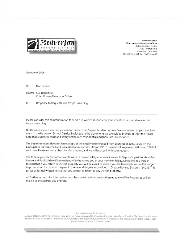 October 2006 letter from new BSD HR chief Sue Robertson