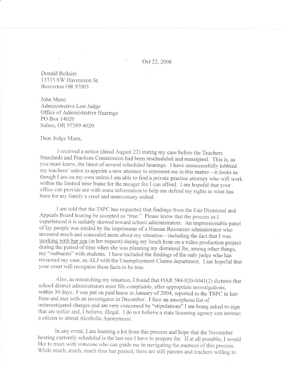 October 2006 letter to ALJ John M. Mann
