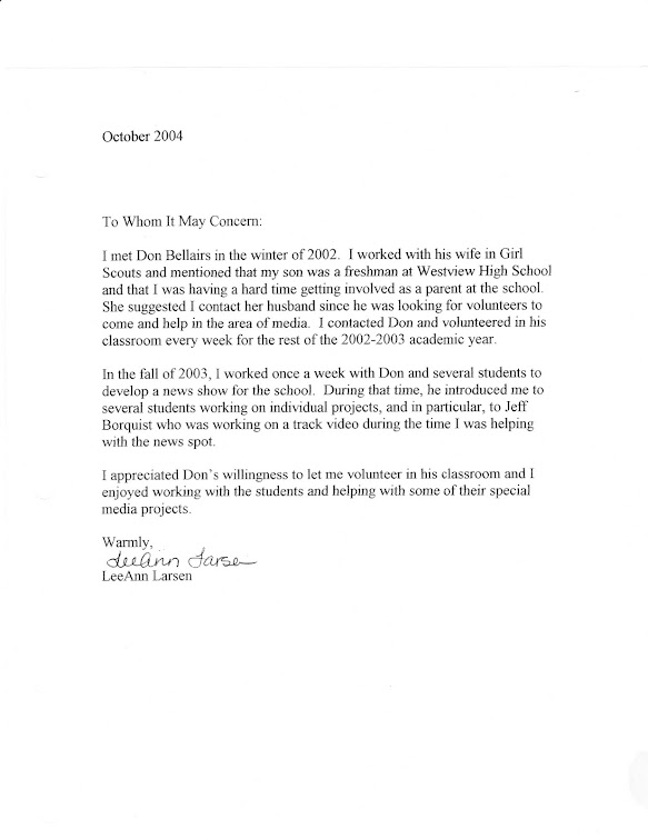 Letter from BSD School Board member LeeAnn Larsen verifying Jeff Borquist's work in Media Studies