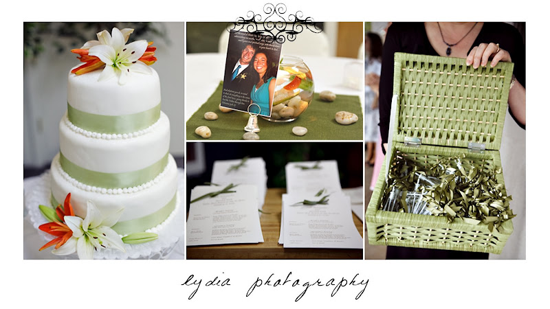 Wedding cake, program, and table decor at snowy, green and orange wedding in Shingletown, California