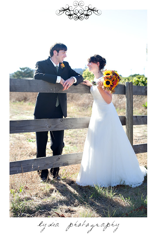Bride and groom flirting over a fence for a portrait at a Kenwood Farms & Gardens wedding