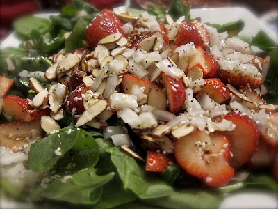 This Strawberry Spinach Salad looks elegant and gormet, and yet is incredibly easy to make. Pour my homemade poppy seed dressing over to make it extra good.  #WomenLivingWell #strawberry #poppyseed #salad