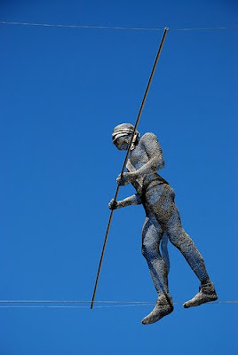 wire 3d tightrope towers sculptures around street twin sol zealand square much steelworkers between walker walked man
