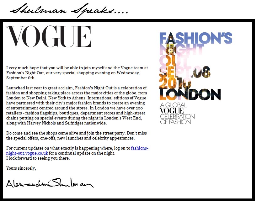 An email from Vogue UK....get ready for Fashion's Night Out London! Emily Jane Johnston