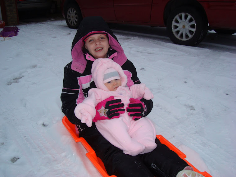 I went sledding with my cousin Caitlin. Daddy pulled us down the driveway.