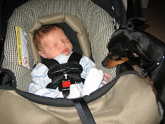 Sniks getting a look at Caden, 4 weeks old