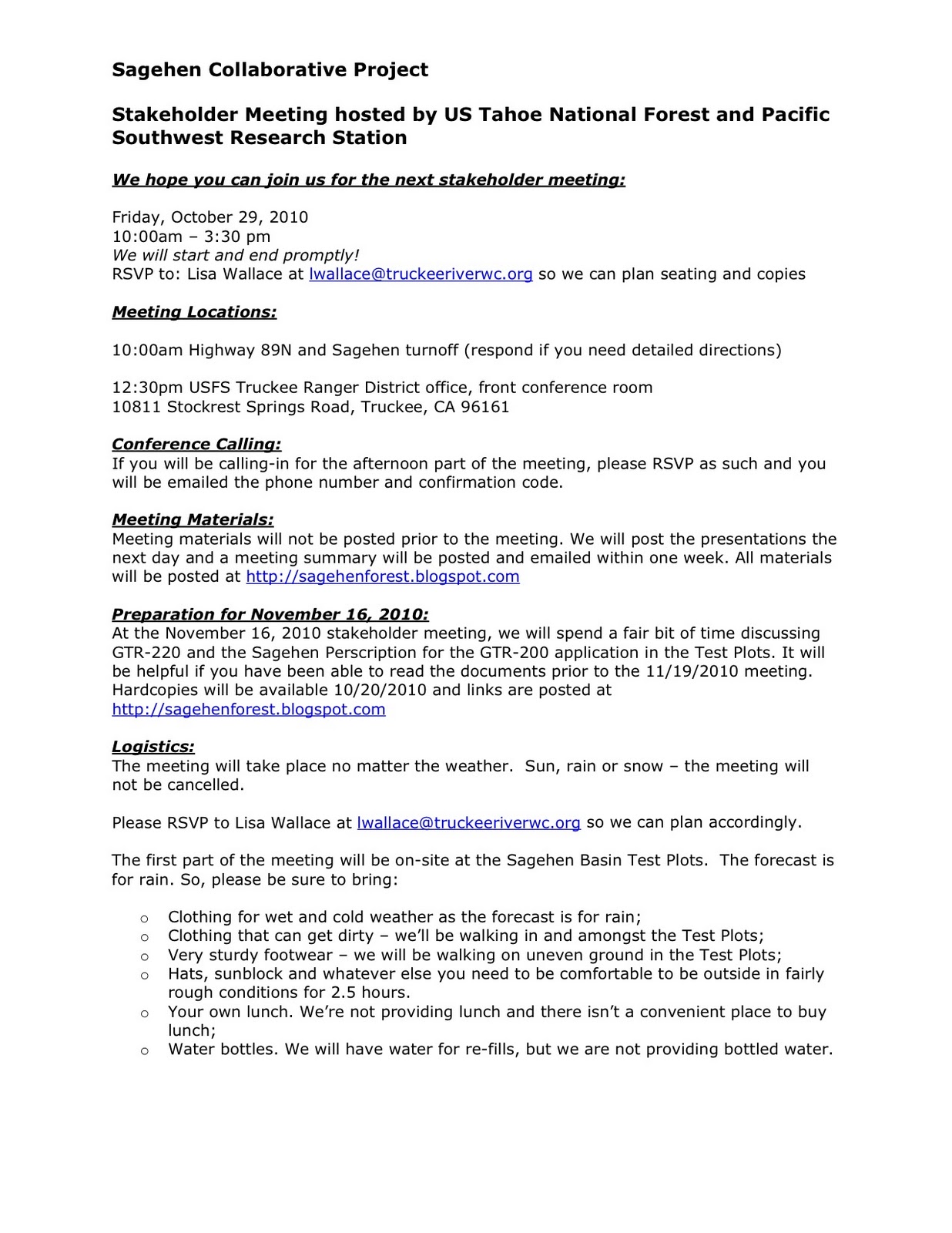 sagehen forest project meeting summary october 29 2010 meeting summary