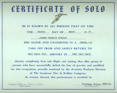 Joe Pilot First Solo Certificate March 4th 1970