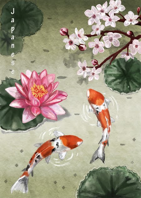  use digital to create this traditional watercolor painting of Koi fish