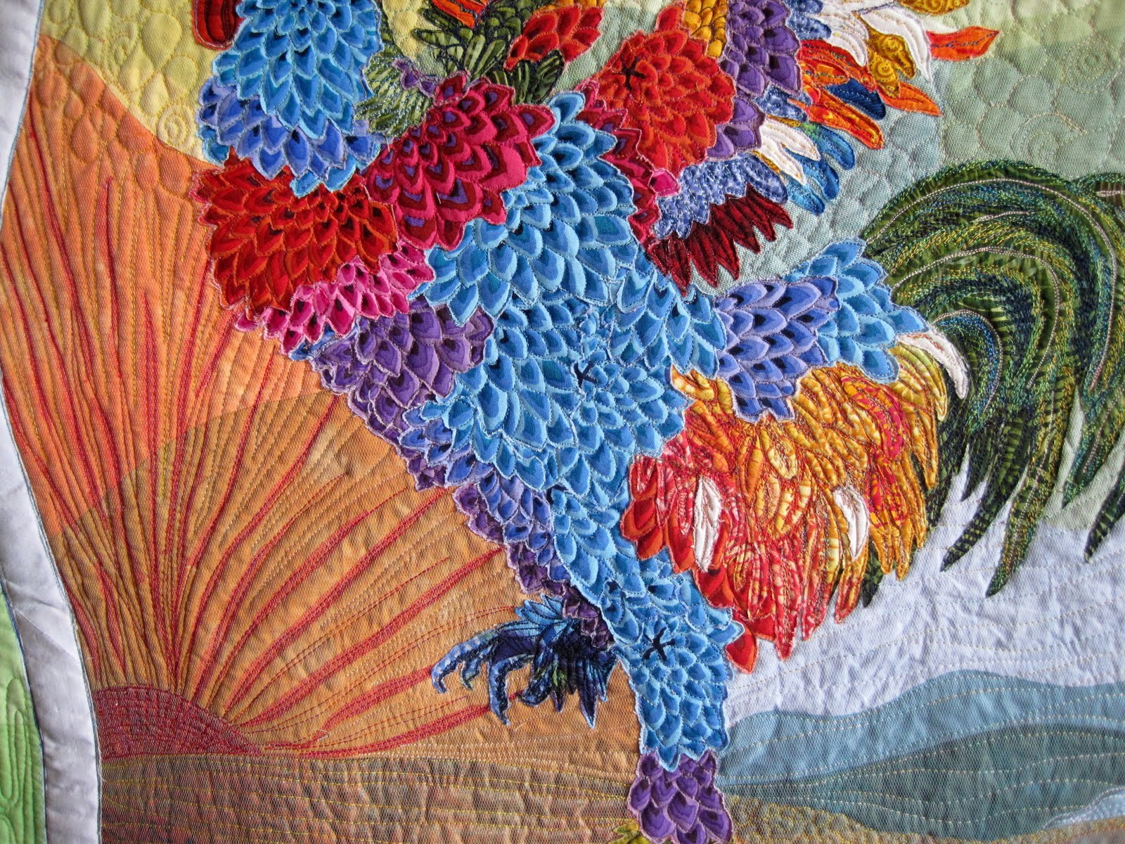 Quilts, Grandkids and Delphiniums Rooster Quilt Finished