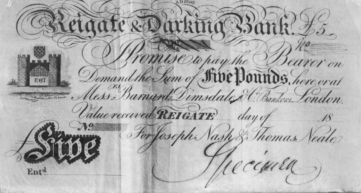 Specimen £5 note issued by Reigate & Darking Bank c1827-1850