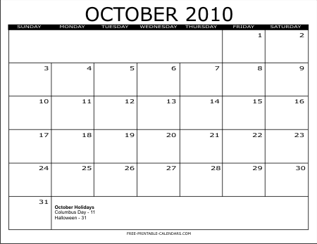October 2010 Calendar with Jewish holidays