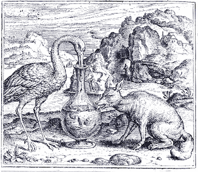Illustration for early edition of Aesop's Fables (The Fox and the Stork) - Bruges 1567
