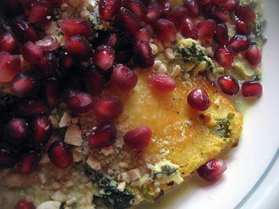 Saffron-Marinated Paneer Cheese with Fresh Basil, Cashews and Pomegranate Seeds