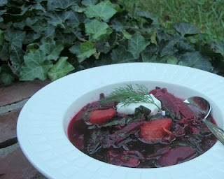 A gorgeous bowl of soup, with no waste since it includes the beets, the stems and the greens