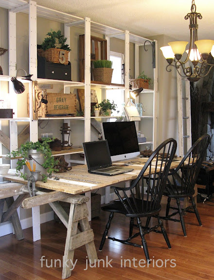 Pallet wood sawhorse ladder junk styled blogging desk via Funky Junk Interiors