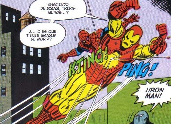 Iron man haciendo de escudo a Spiderman