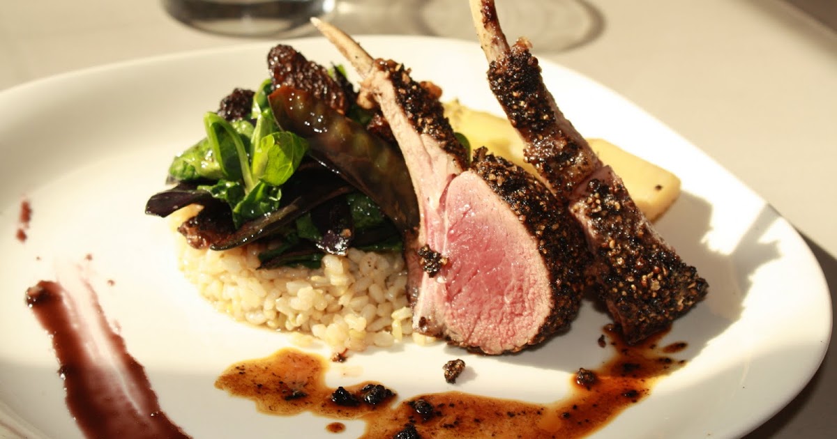 commiskaze Peppercorn Encrusted Rack of Lamb with Black Sambuca Glaze, Braised Fennel, and a