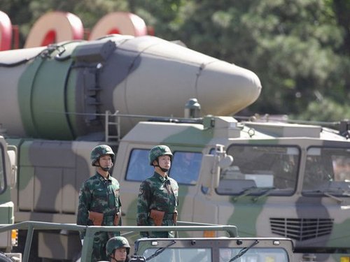 Dongfeng-21C conventional missile side team goes through Tiananmen Square of China