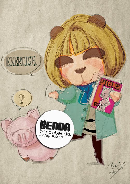 Anna Wintour as Benda Anna Wintour, editor in chief Vogue US magazine, holding Pigue magazine ask a pig to do exercise and to lose weight