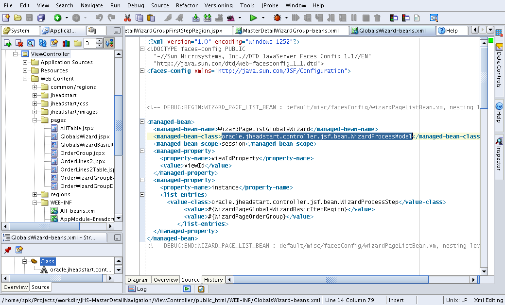 [Screenshot-Oracle+JDeveloper+-+JHS-MasterDetailNavigation.jws+:+ViewController.jpr+:+-home-spk-Projects-workdir-JHS-MasterDetailNavigation-ViewController-public_html-WEB-INF-GlobalsWizard-beans.xml.png]