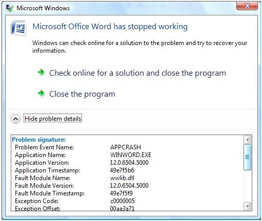 Microsoft Office Has Stopped Working Vista