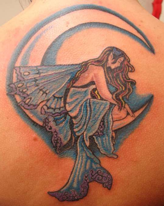 Beautiful tattoo designs with images of women sitting on a crescent moon.