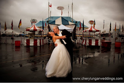 Bride and Groom in front of the Zoppe Circus tent, photo by Cheryl Ungar, Denver and Vail, Colorado wedding photographer
