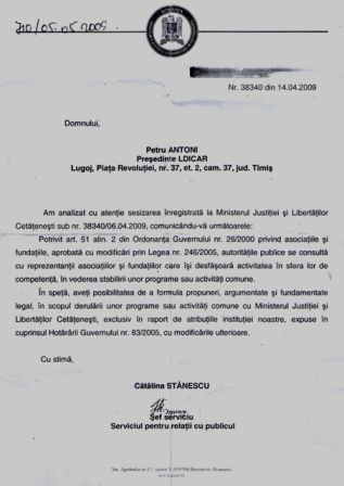 Raspunsul Ministerului Justitiei privind cooperarea cu LDICAR