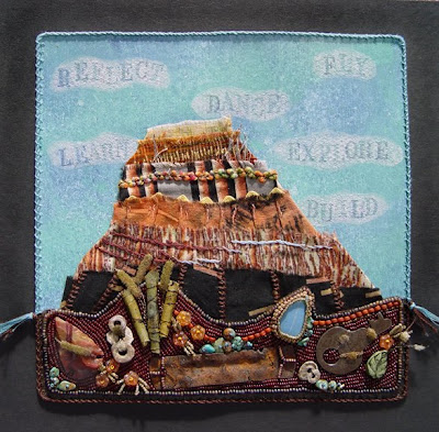 bead embroidery collage by Robin Atkins, bead journal project, butte at Grand Canyon