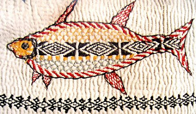 Kantha quilt, detail showing embroidery of a fish