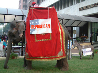 Live elephant and donkey welcome guests at U.S. Presidential election watch event