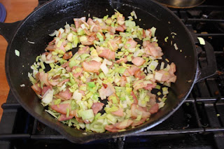 Preparing the bacon and leeks.