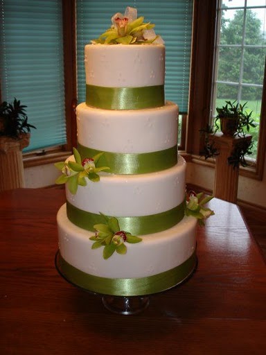 Swiss dots green orchids and ribbon wedding cake