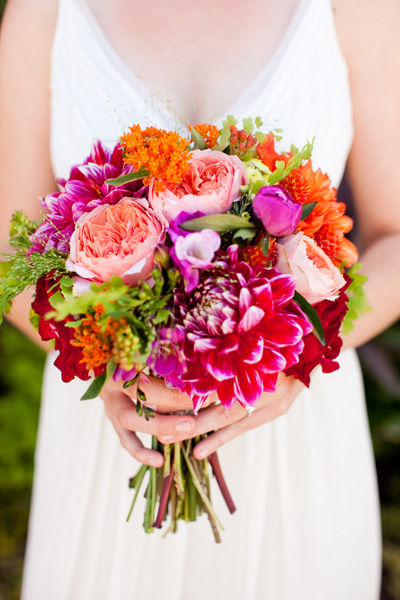 Intoxicating orange pink and purple bouquet idea that creates a real visual