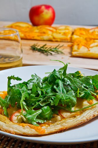 Apple and Cheddar Tart topped with Arugula