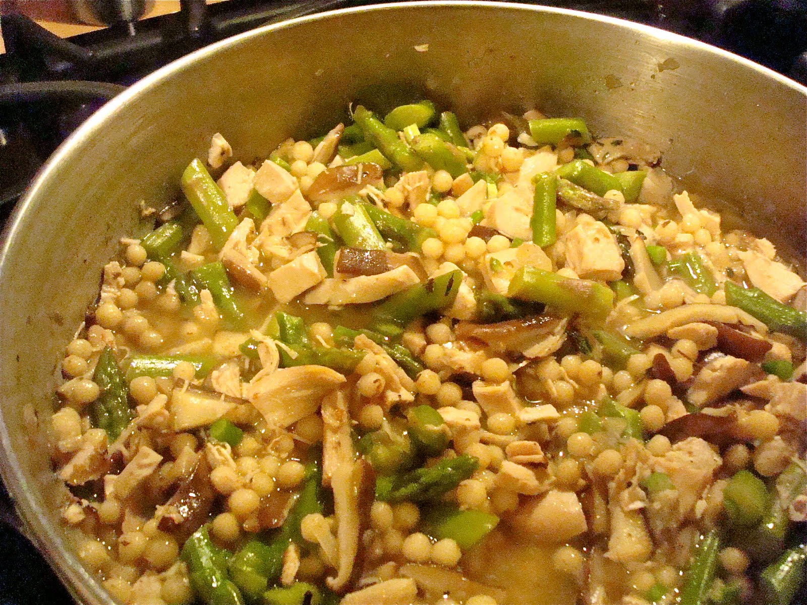 Beach Eats Israeli Couscous with Chicken, Mushrooms, Garlic Scapes and