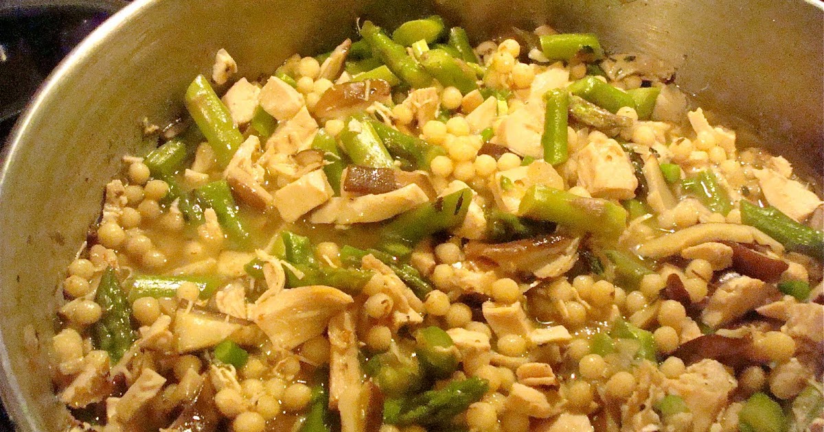 Beach Eats Israeli Couscous with Chicken, Mushrooms, Garlic Scapes and